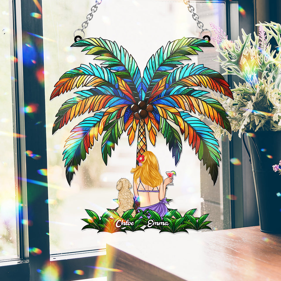 You & Me Under The Palm Tree - Personalized Dog Window Hanging Suncatcher Ornament