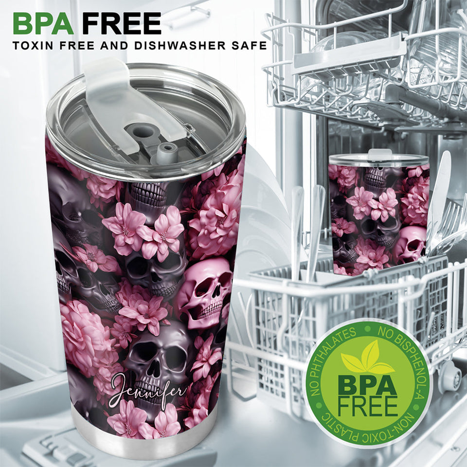 Pink Flowers Black Skulls - Personalized Skull Tumbler