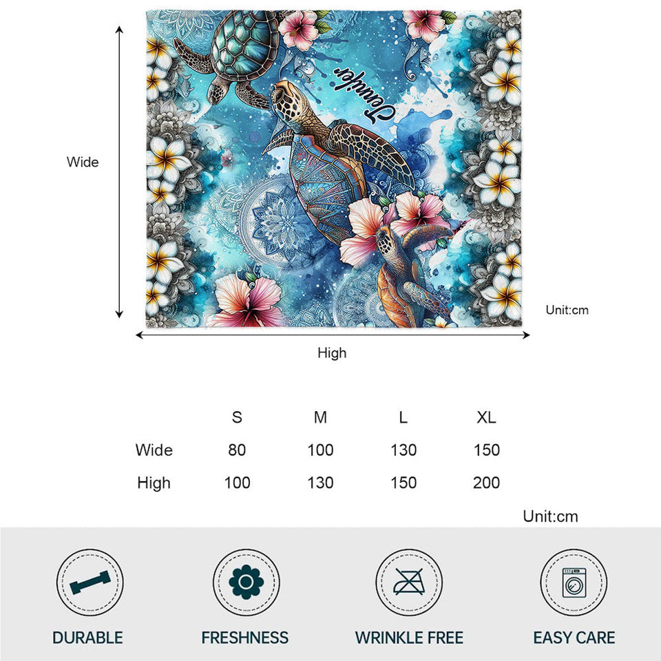 Sea Turtle Mandala Tropical Flower - Personalized Turtle Blanket