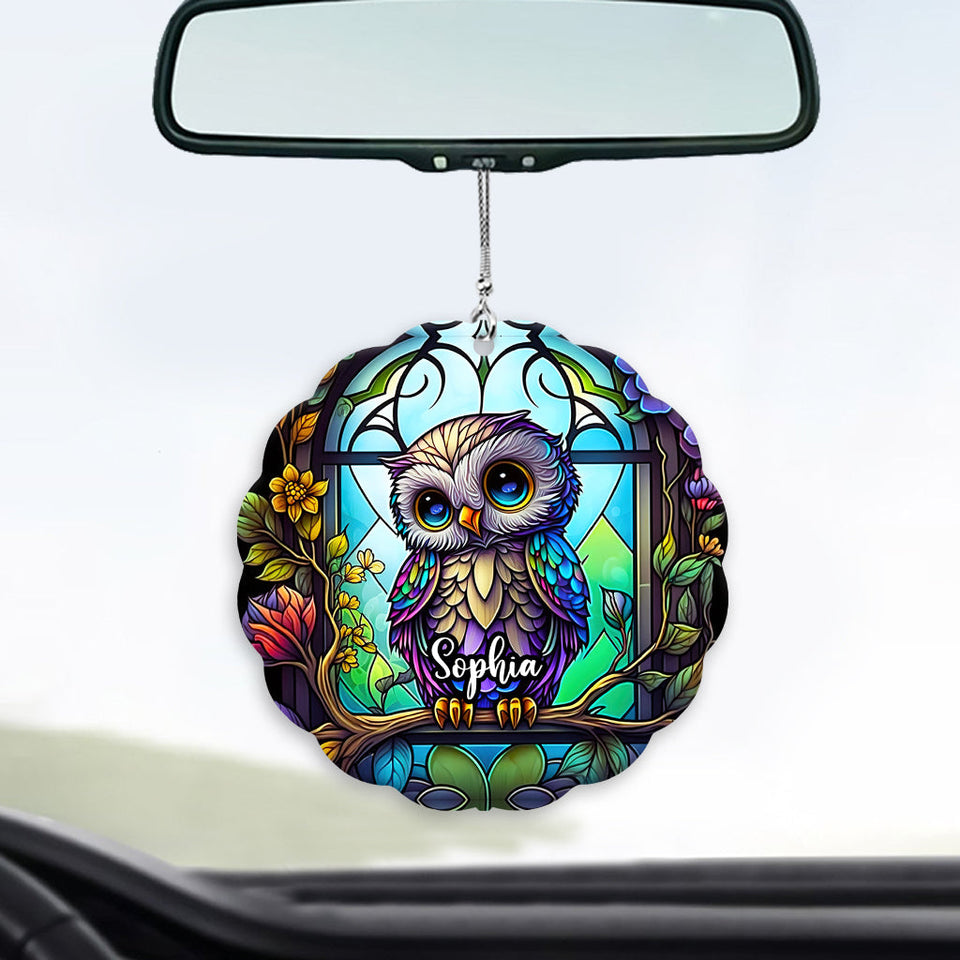 Chouette mignonne en vitrail - Ornement de voiture personnalisé en forme de hibou - Décoration de voiture sur mesure