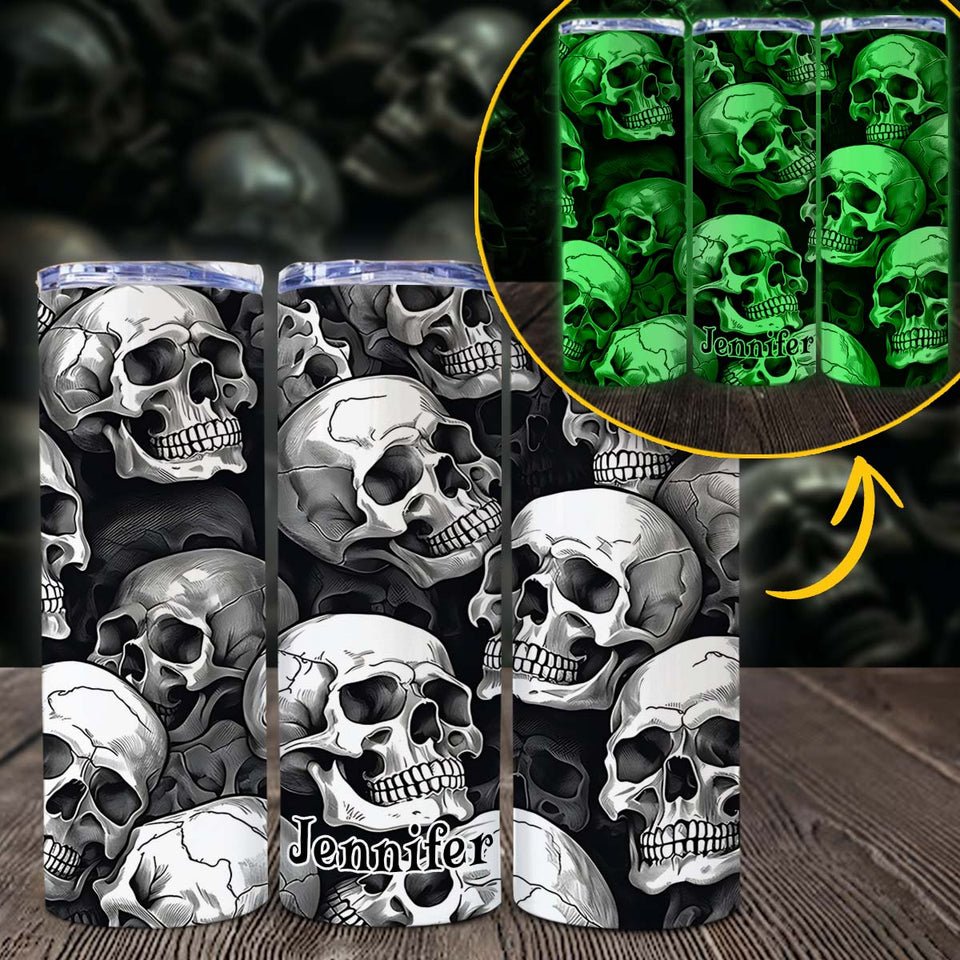 Skull And Fire - Personalized Skull Glow Skinny Tumbler
