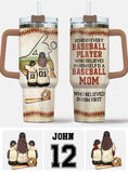 Behind Every Baseball Players Is A Mom - Personalized Baseball Tumbler With Handle