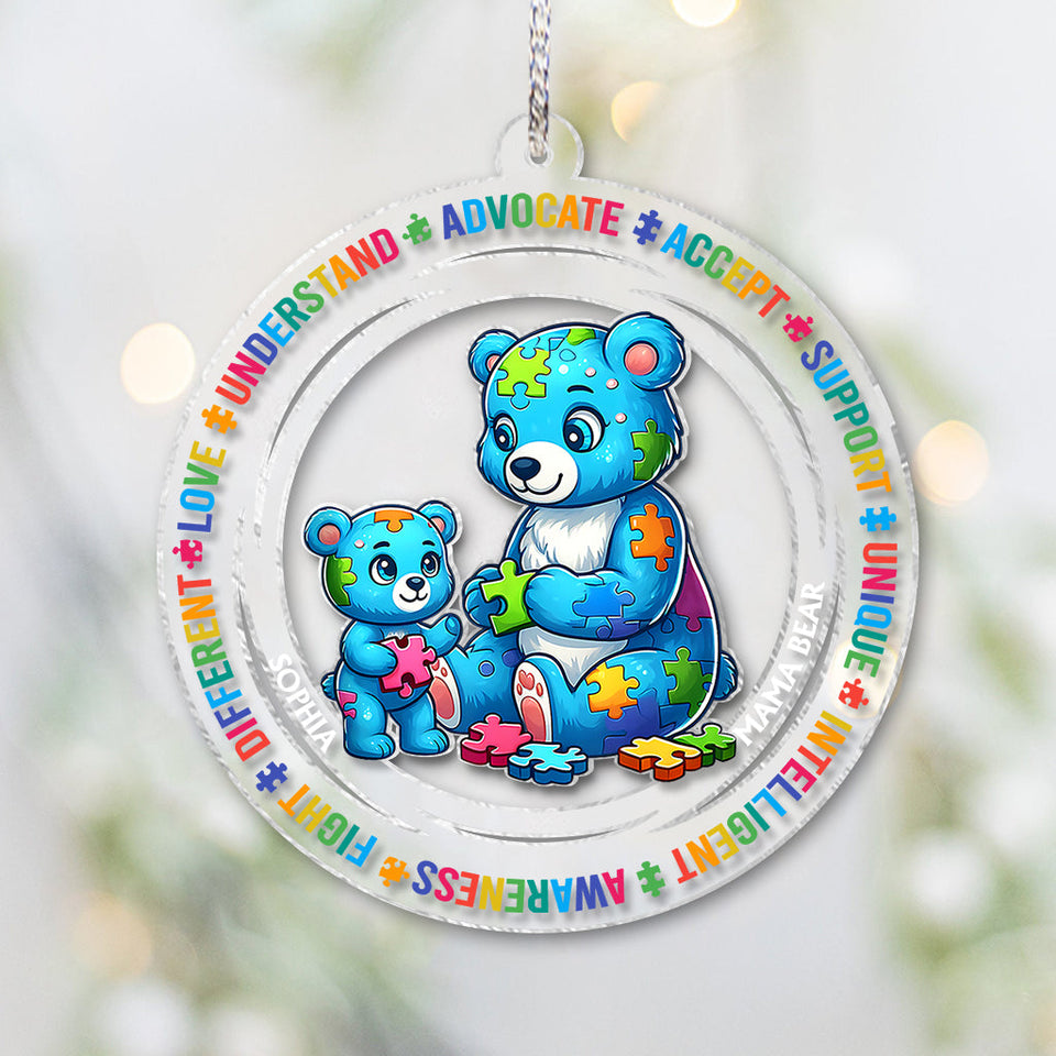 Maman Ours Autisme - Ornement transparent personnalisé pour la sensibilisation à l'autisme