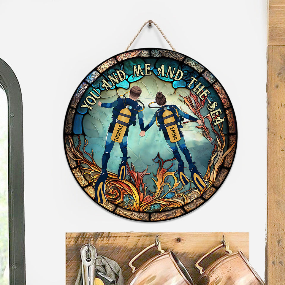You & Me And The Sea - Personalized Scuba Diving Round Wood Sign