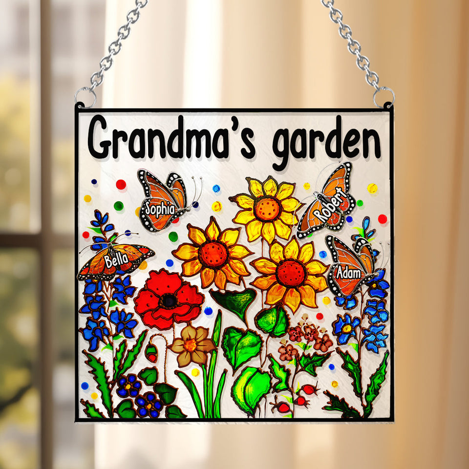 Grandma's Garden With Butterfly - Personalized Grandma Window Hanging Suncatcher Ornament