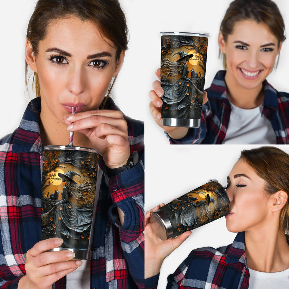 Beautiful Witch & Her Black Cat - Personalized Witch Tumbler