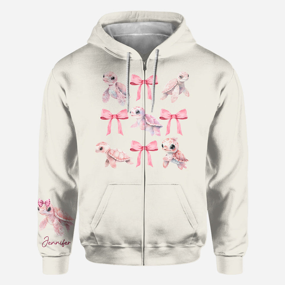 Pink Ribbon Coquette Bow Watercolor Turtle - Personalized Turtle All Over Shirt