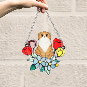 Cat Among Flowers - Personalized Cat Window Hanging Suncatcher Ornament