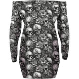 Skull Roses Black And White - Personalized Skull Off Shoulder Long Sleeve Dress