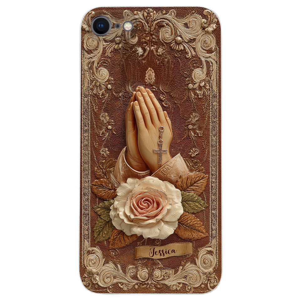 Praying Hands With Roses - Personalized Christian Leather Phone Case