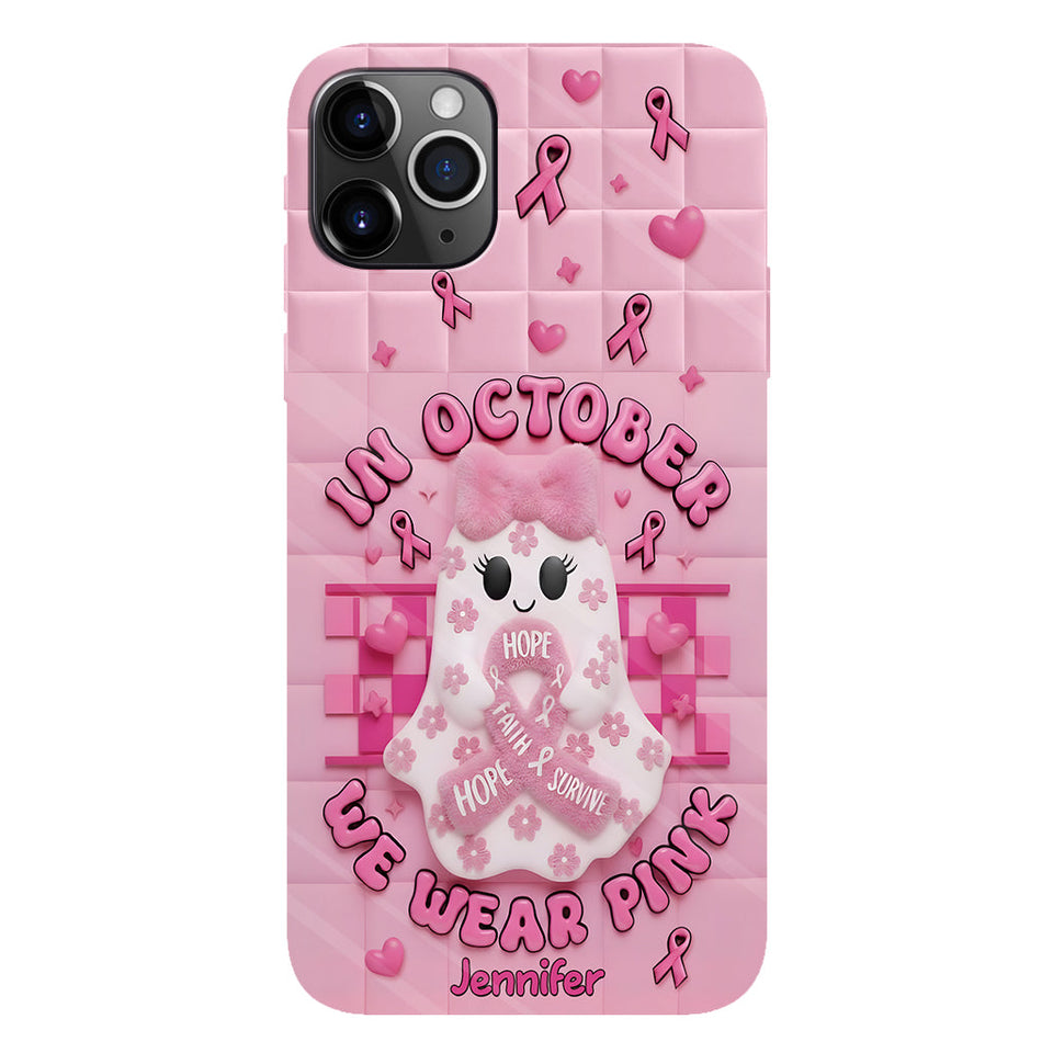 Coque de téléphone personnalisée avec un adorable fantôme et un message de sensibilisation au cancer du sein - Coque de téléphone imprimée intégralement pour la sensibilisation au cancer du sein