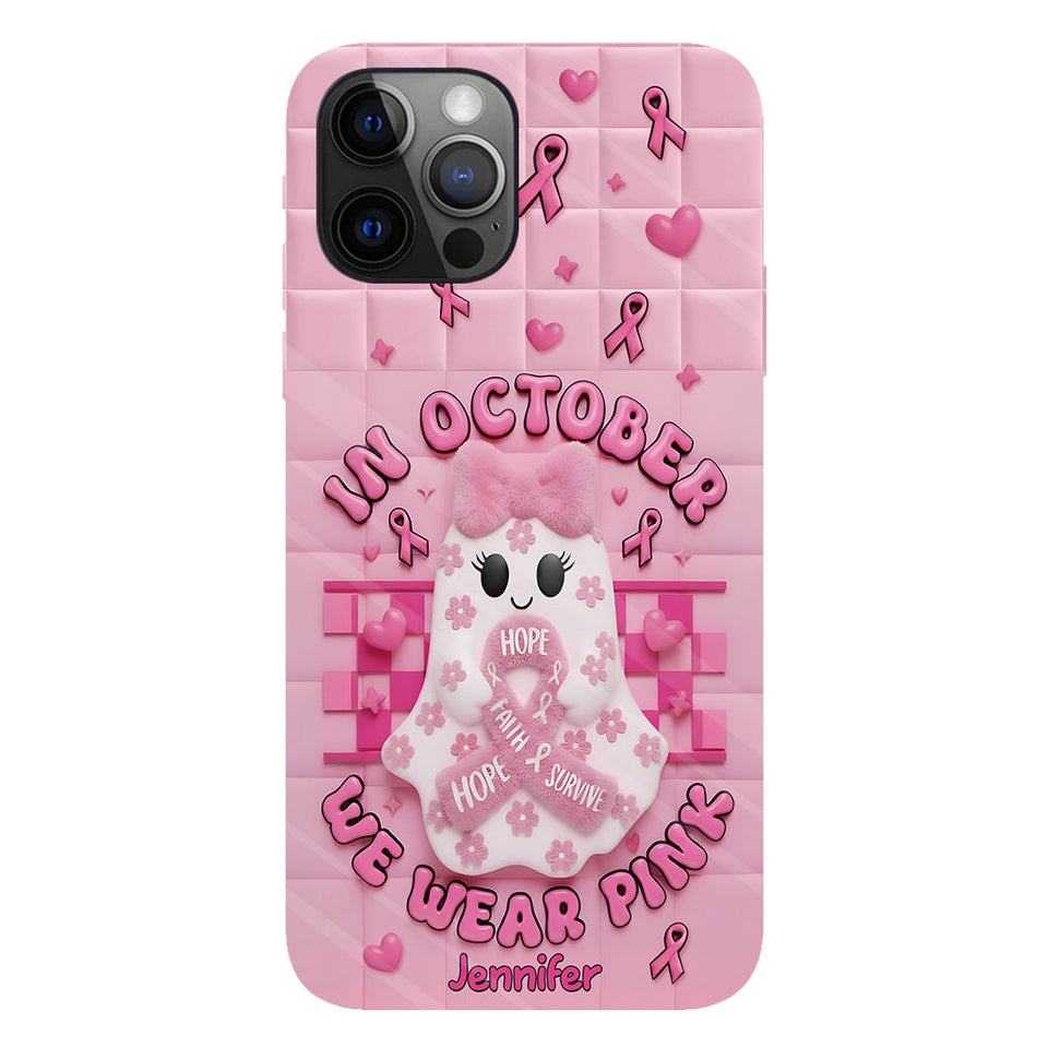 Coque de téléphone personnalisée avec un adorable fantôme et un message de sensibilisation au cancer du sein - Coque de téléphone imprimée intégralement pour la sensibilisation au cancer du sein