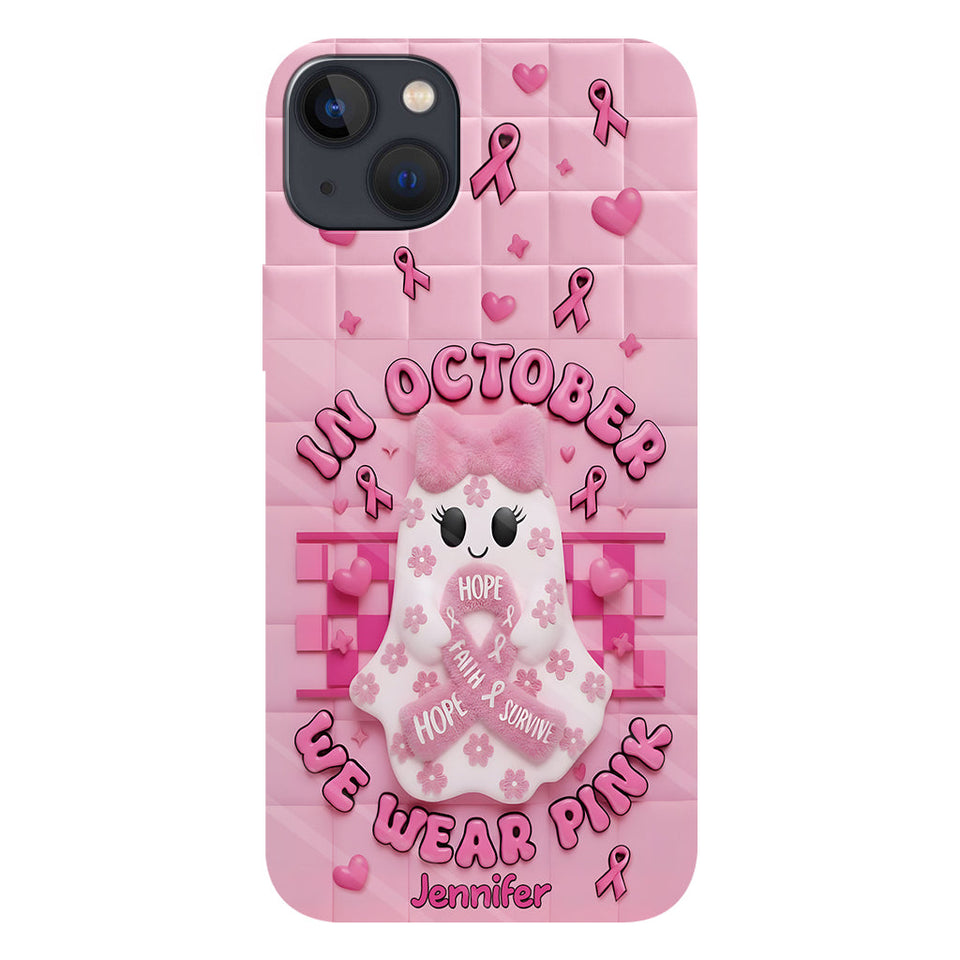 Coque de téléphone personnalisée avec un adorable fantôme et un message de sensibilisation au cancer du sein - Coque de téléphone imprimée intégralement pour la sensibilisation au cancer du sein