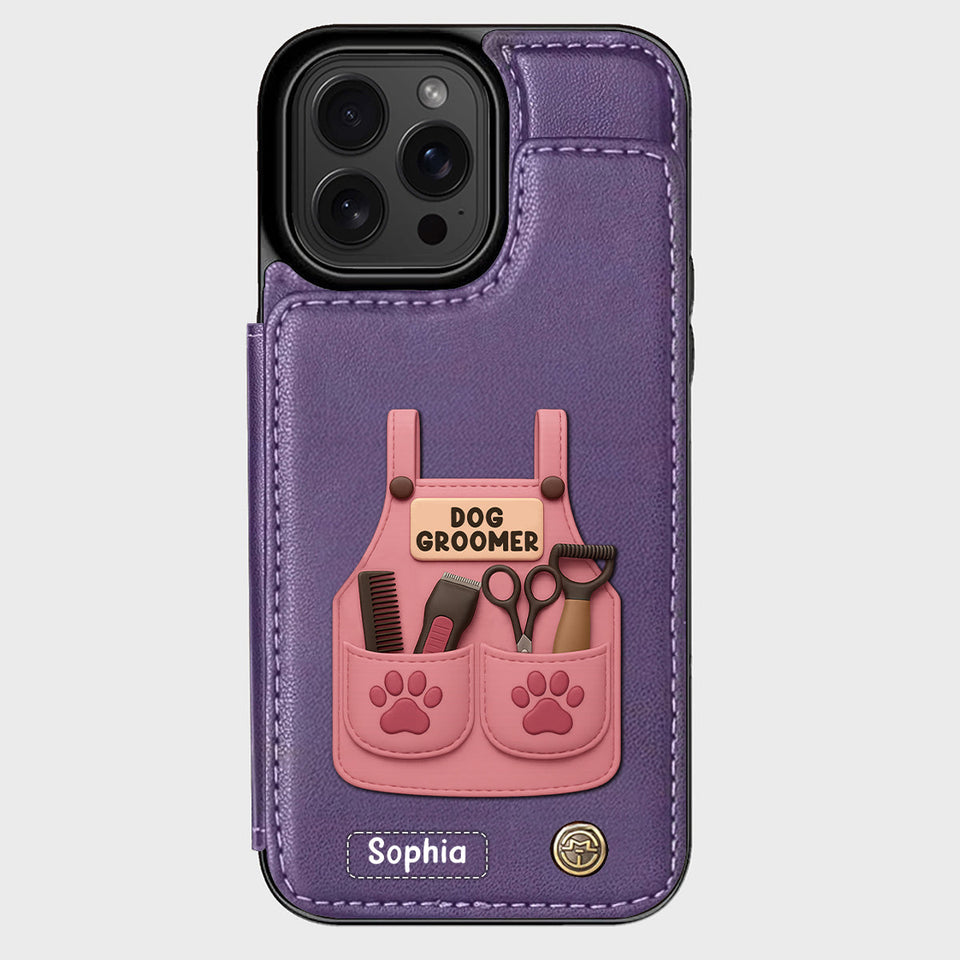 Dog Groomer Gift With Grooming Tools And Paw Prints - Personalized Dog Groomer Wallet Phone Case