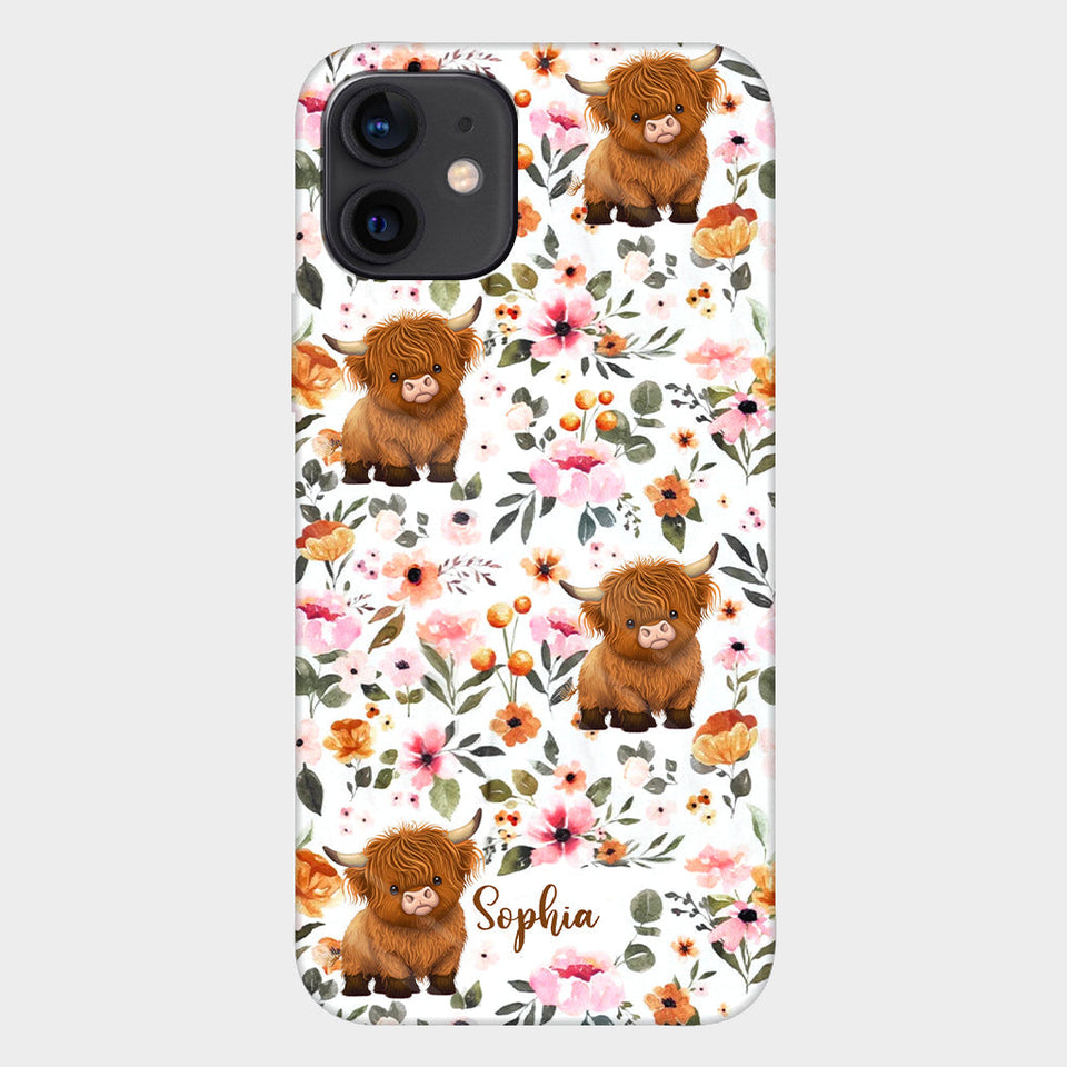Floral Highland Cow - Personalized Highland Cow Full Print Phone Case