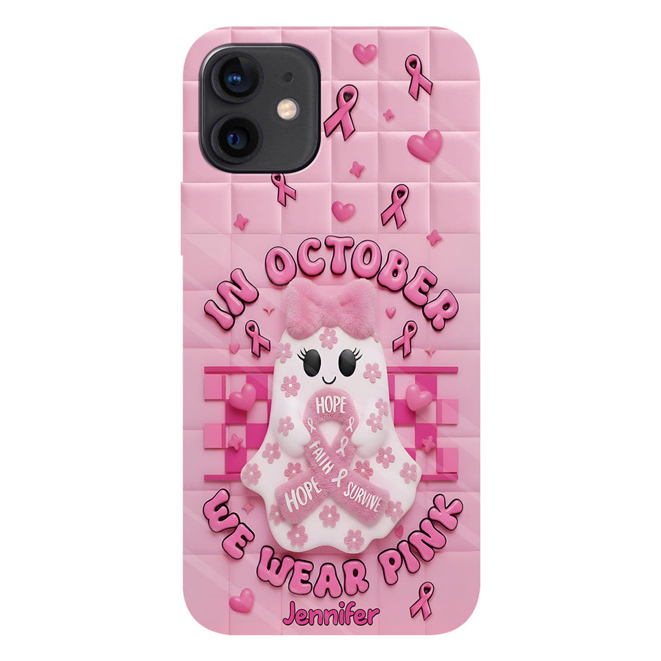Coque de téléphone personnalisée avec un adorable fantôme et un message de sensibilisation au cancer du sein - Coque de téléphone imprimée intégralement pour la sensibilisation au cancer du sein