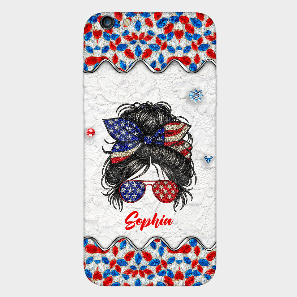 Messy Bun Girl - Personalized Independence Day/ 4th of July Full Print Phone Case