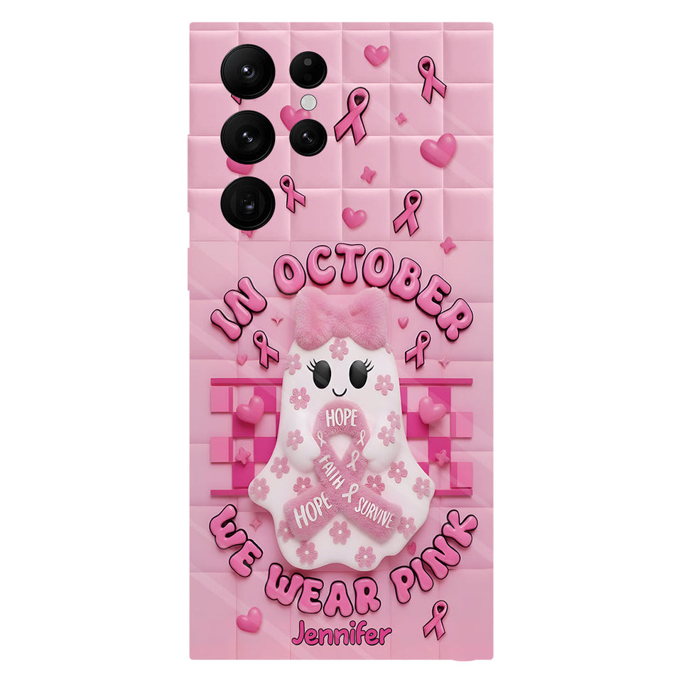 Coque de téléphone personnalisée avec un adorable fantôme et un message de sensibilisation au cancer du sein - Coque de téléphone imprimée intégralement pour la sensibilisation au cancer du sein