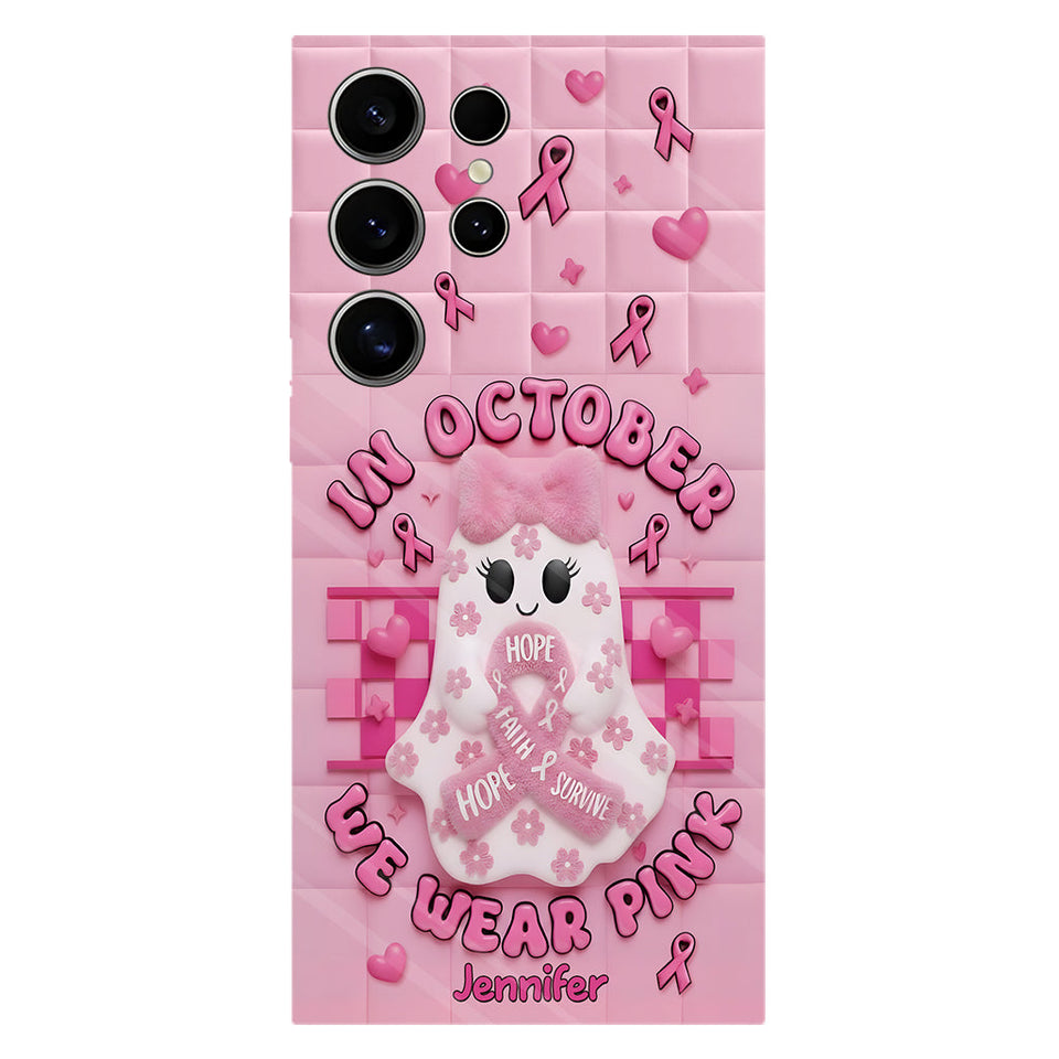 Coque de téléphone personnalisée avec un adorable fantôme et un message de sensibilisation au cancer du sein - Coque de téléphone imprimée intégralement pour la sensibilisation au cancer du sein