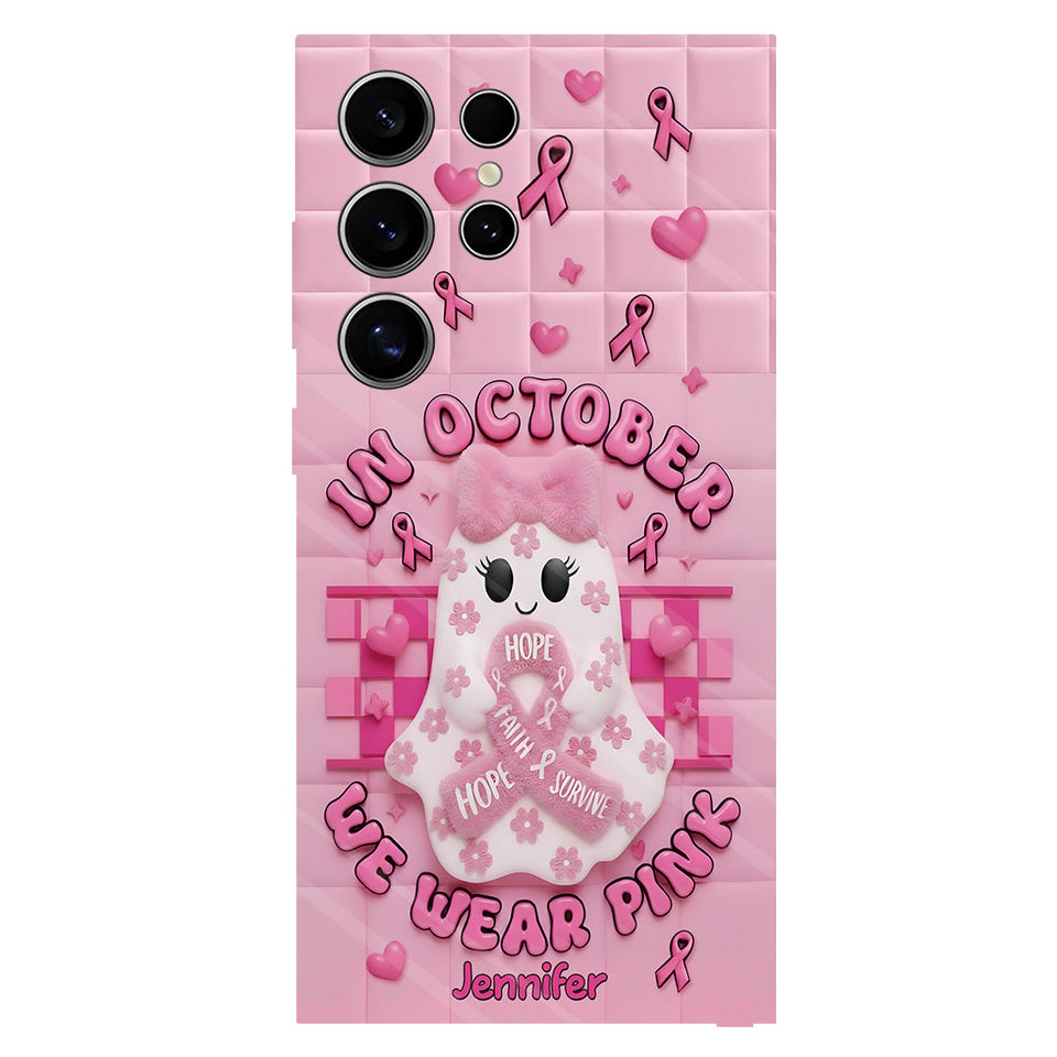 Coque de téléphone personnalisée avec un adorable fantôme et un message de sensibilisation au cancer du sein - Coque de téléphone imprimée intégralement pour la sensibilisation au cancer du sein