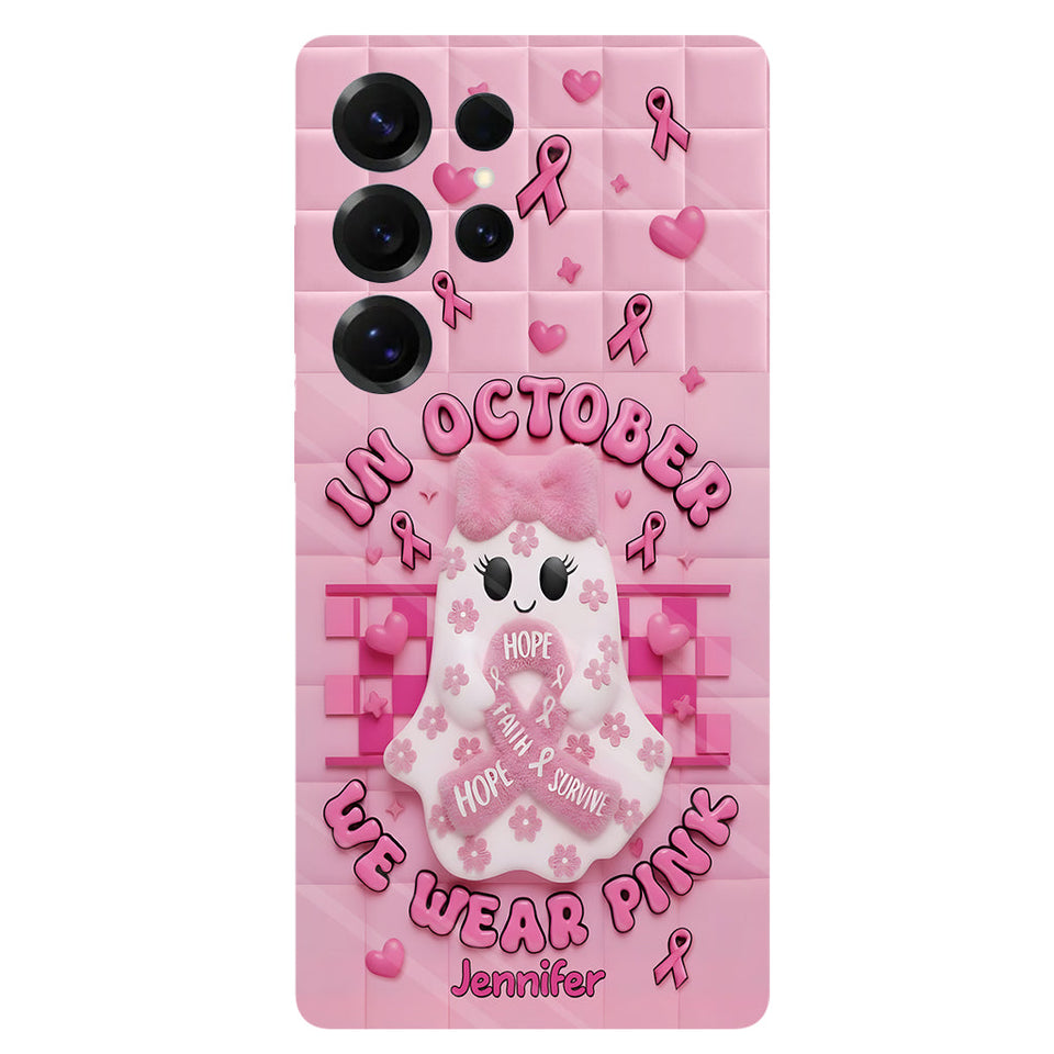 Coque de téléphone personnalisée avec un adorable fantôme et un message de sensibilisation au cancer du sein - Coque de téléphone imprimée intégralement pour la sensibilisation au cancer du sein
