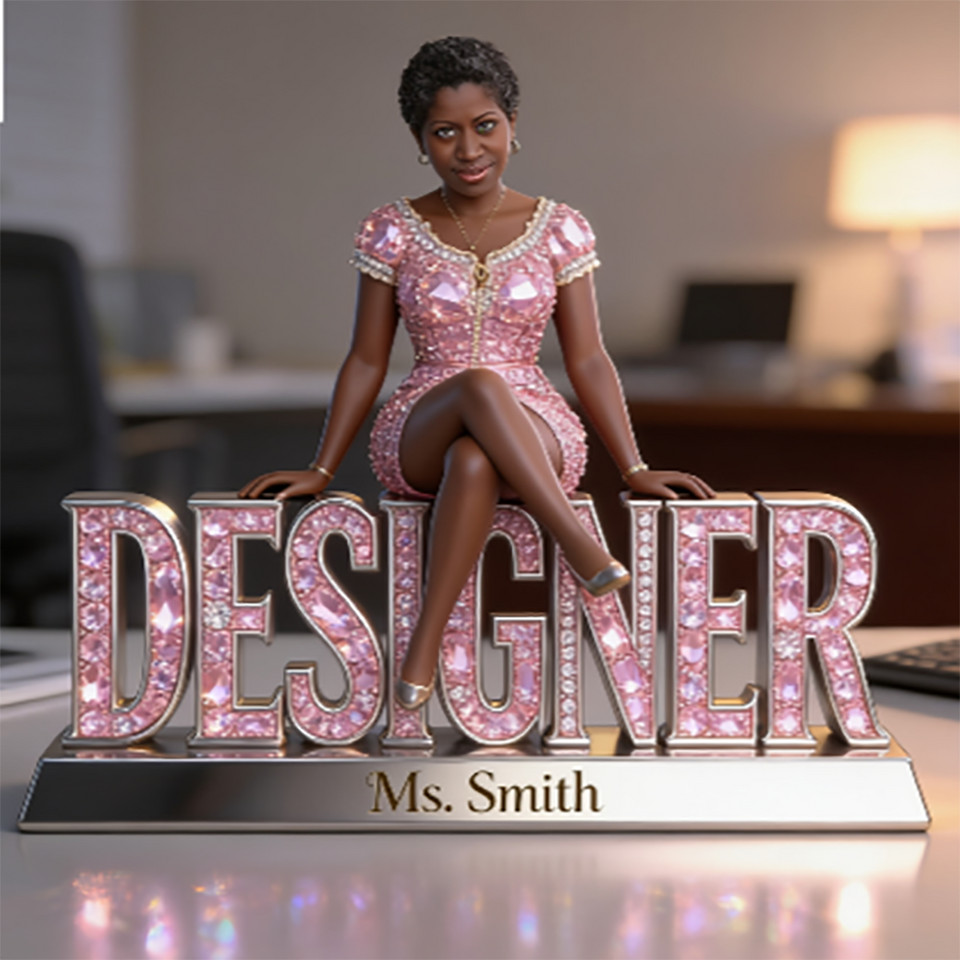 Custom Older Black Female Designer Desk Nameplate Plaque - Personalized Artist Figurine, Luxury Crystal Office Decor