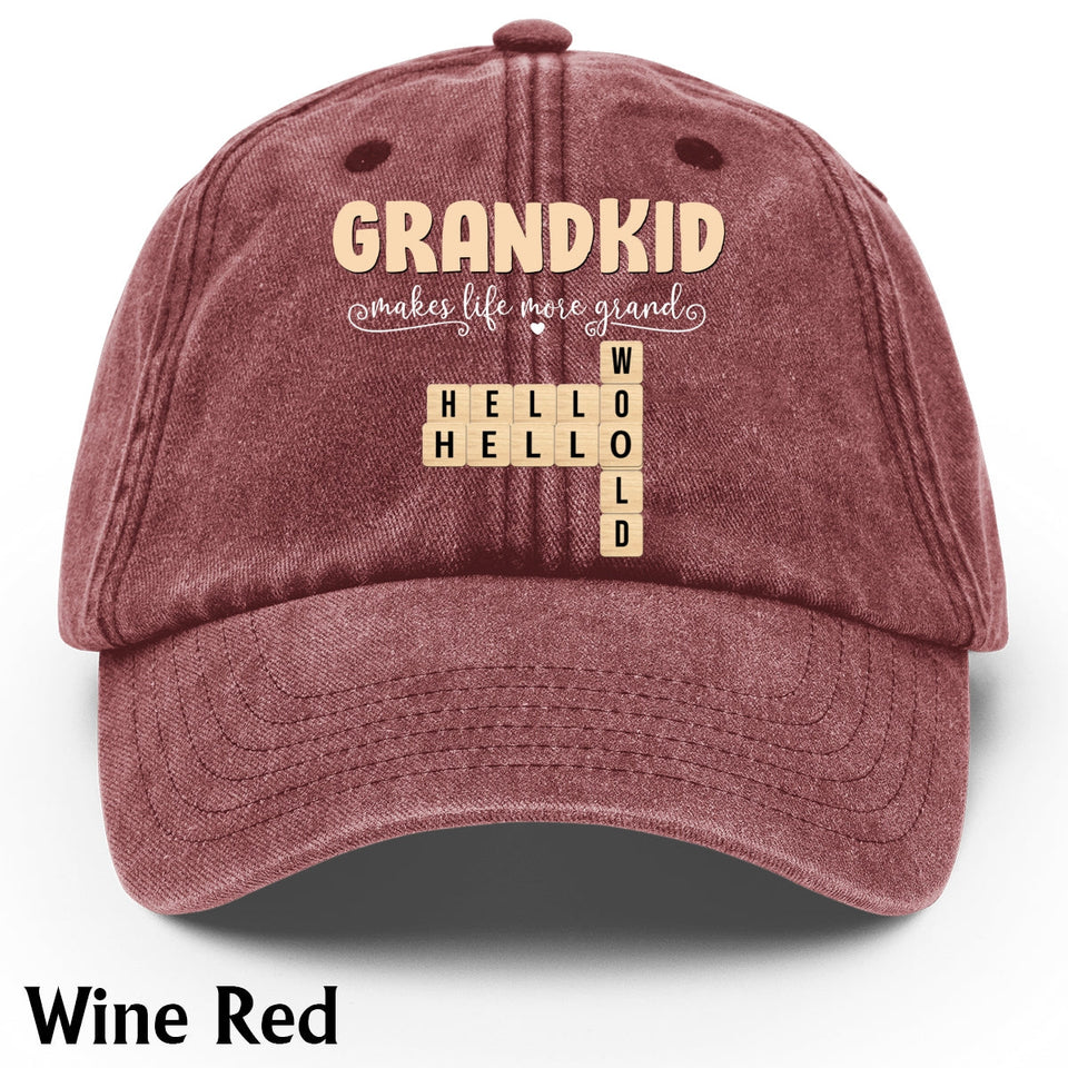 Grandpa Grandma Gifts Grandkids Make Life More Grand - Personalized Scrabble Washed Denim Cap