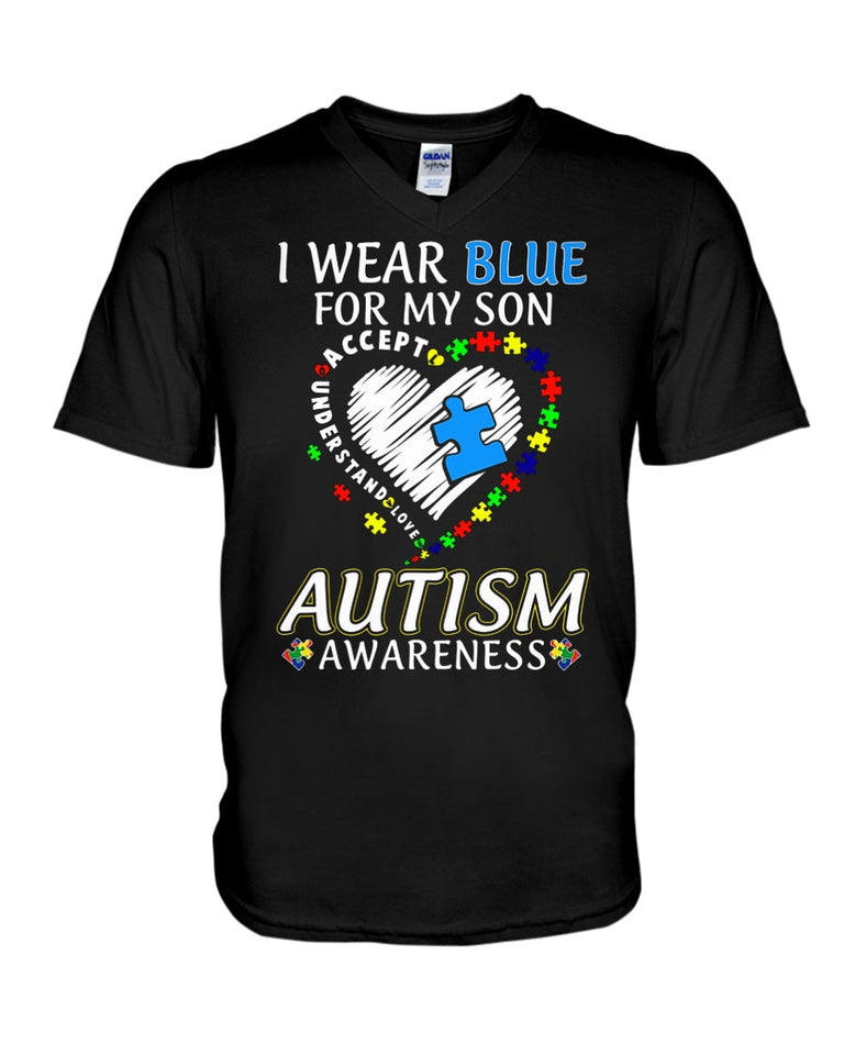 Je porte du bleu pour mon fils - T-shirt et sweat à capuche de sensibilisation à l'autisme 0921