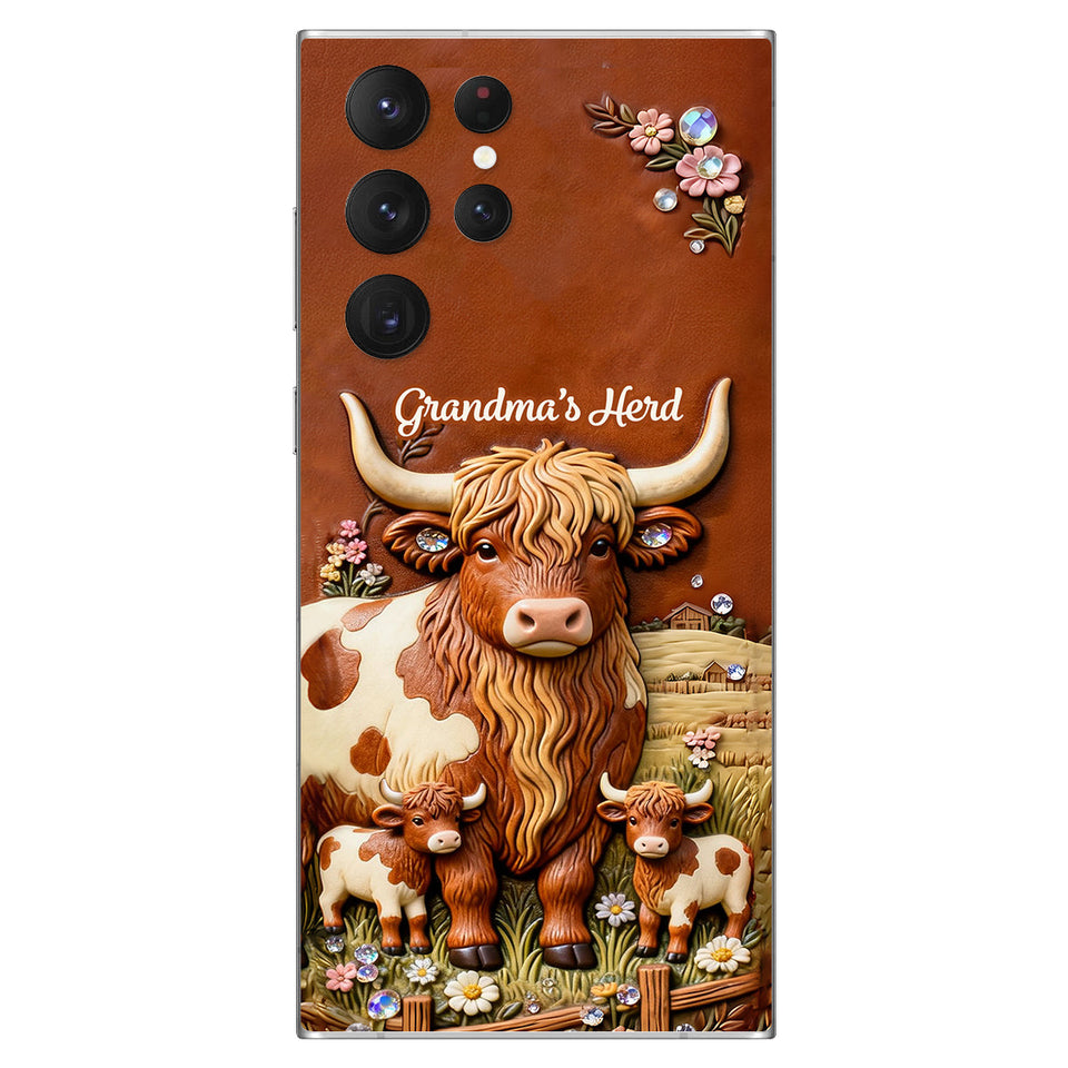 Grandma's Herd - Personalized Highland Cow 3D Embossed Leather Phone Case