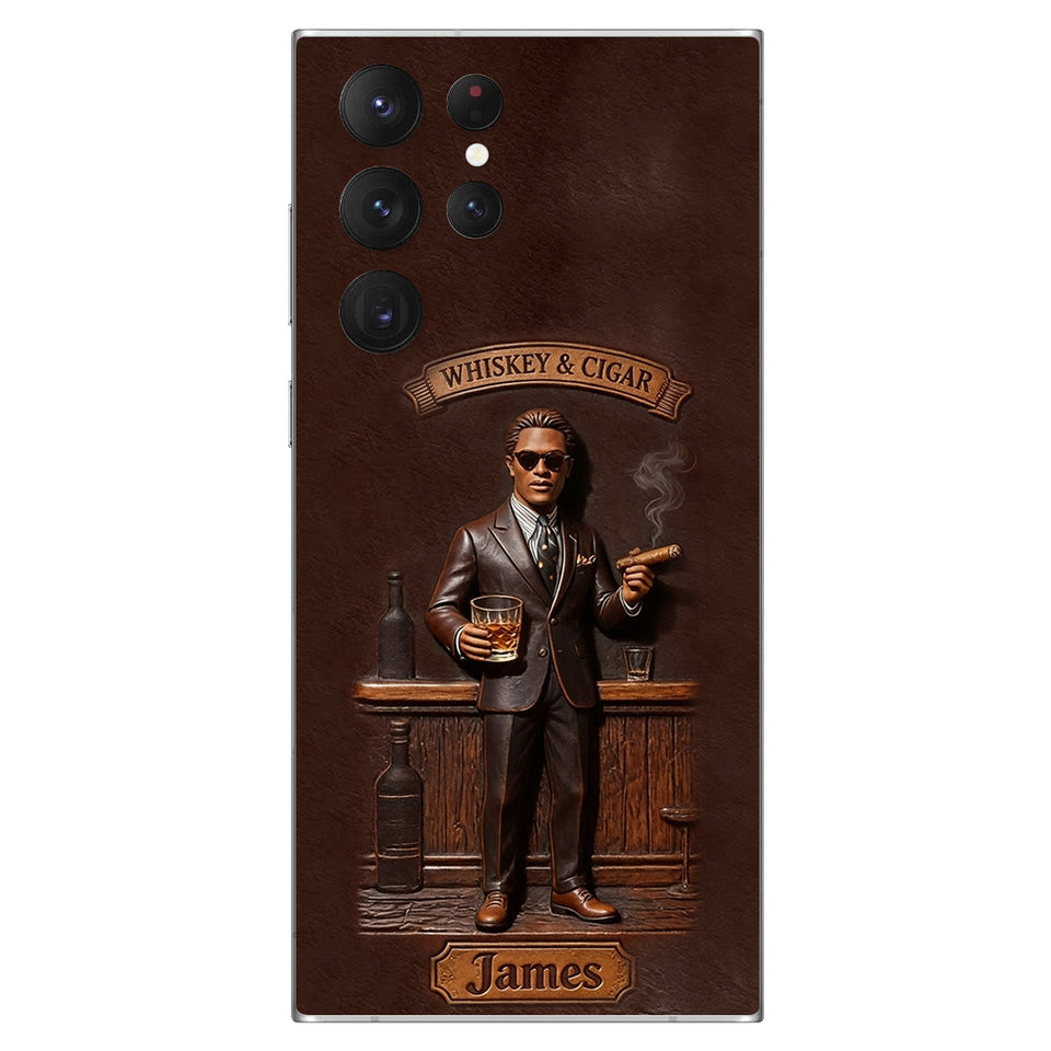 Whiskey And Cigar - Personalized Whisky 3D Embossed Leather Phone Case