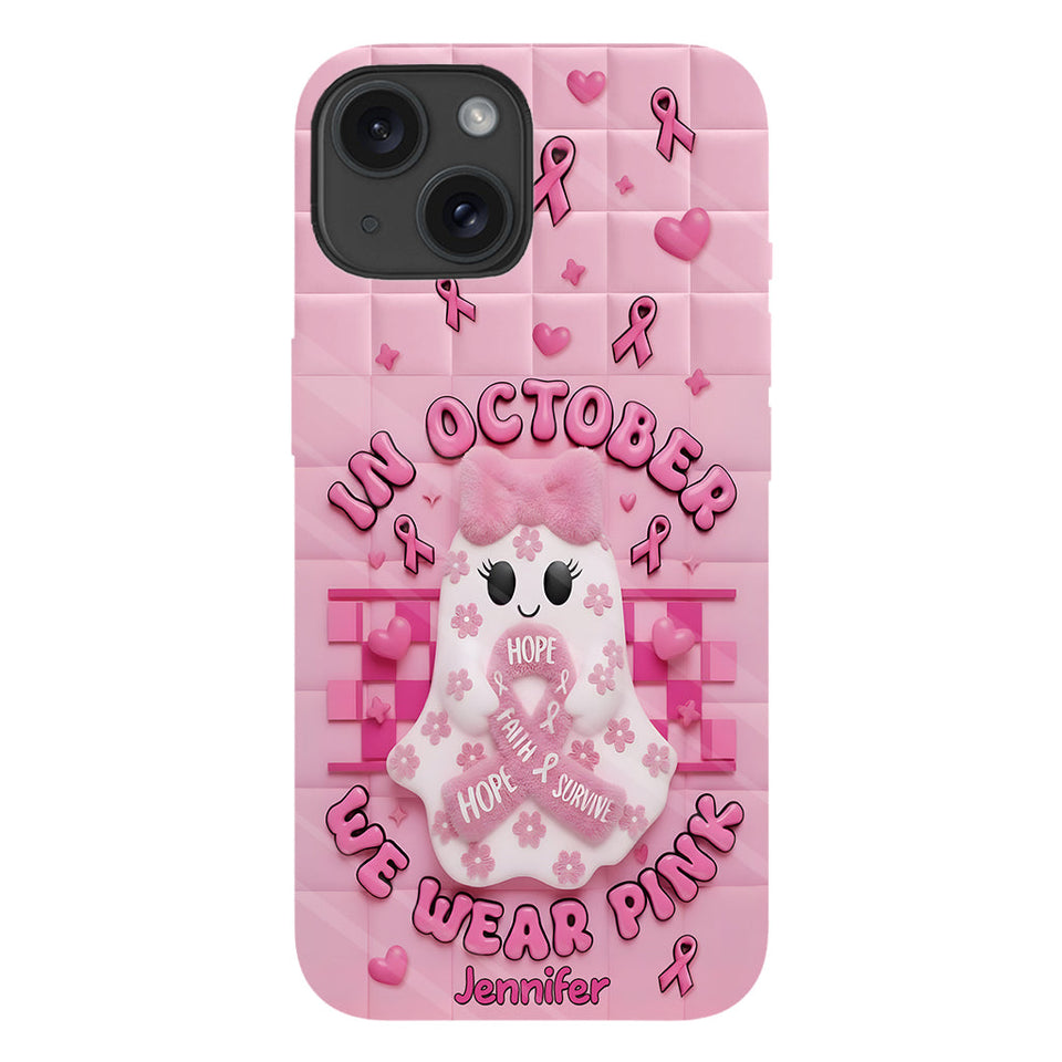 Coque de téléphone personnalisée avec un adorable fantôme et un message de sensibilisation au cancer du sein - Coque de téléphone imprimée intégralement pour la sensibilisation au cancer du sein