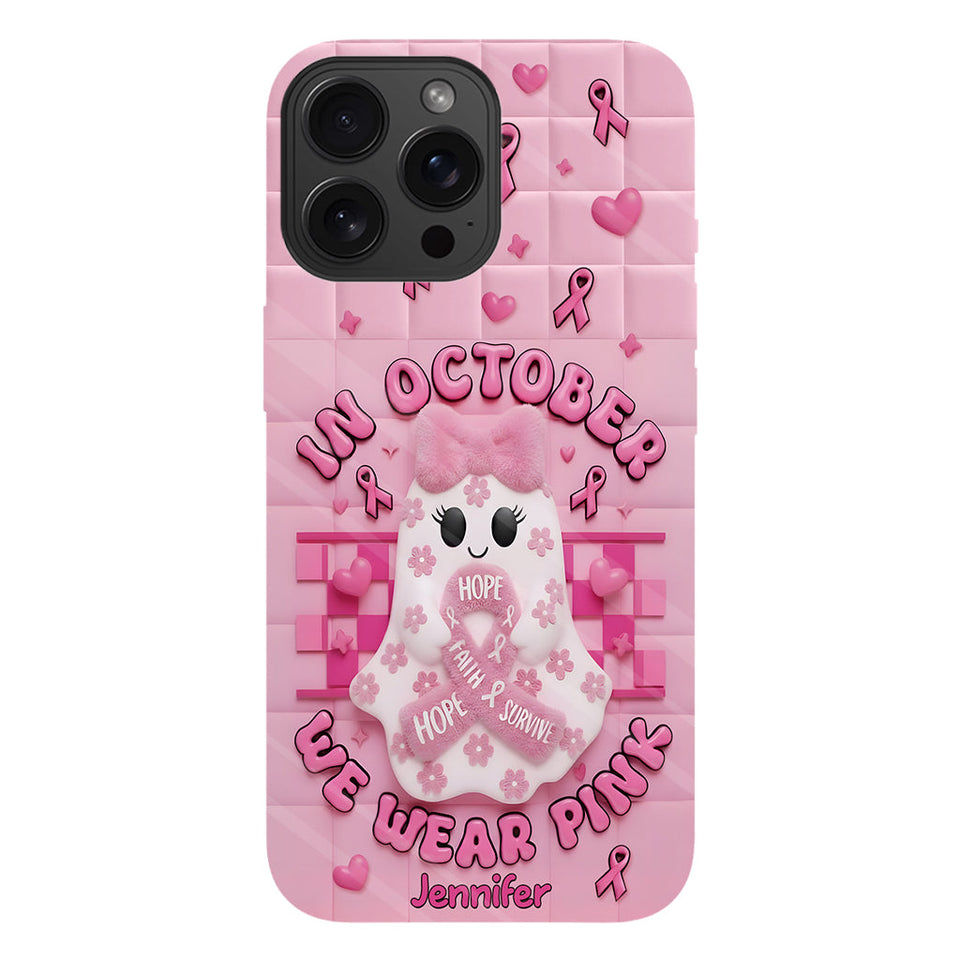 Coque de téléphone personnalisée avec un adorable fantôme et un message de sensibilisation au cancer du sein - Coque de téléphone imprimée intégralement pour la sensibilisation au cancer du sein