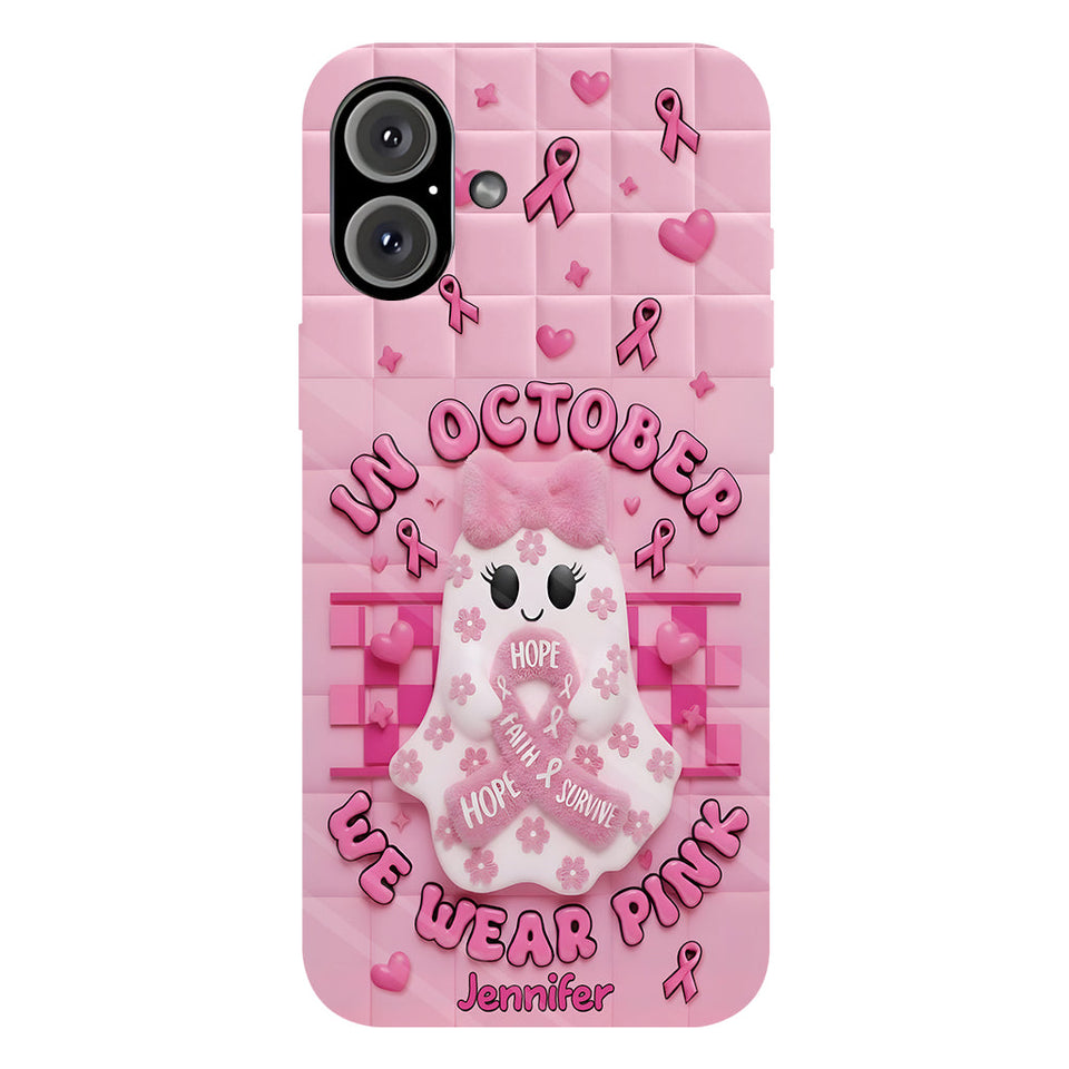 Coque de téléphone personnalisée avec un adorable fantôme et un message de sensibilisation au cancer du sein - Coque de téléphone imprimée intégralement pour la sensibilisation au cancer du sein