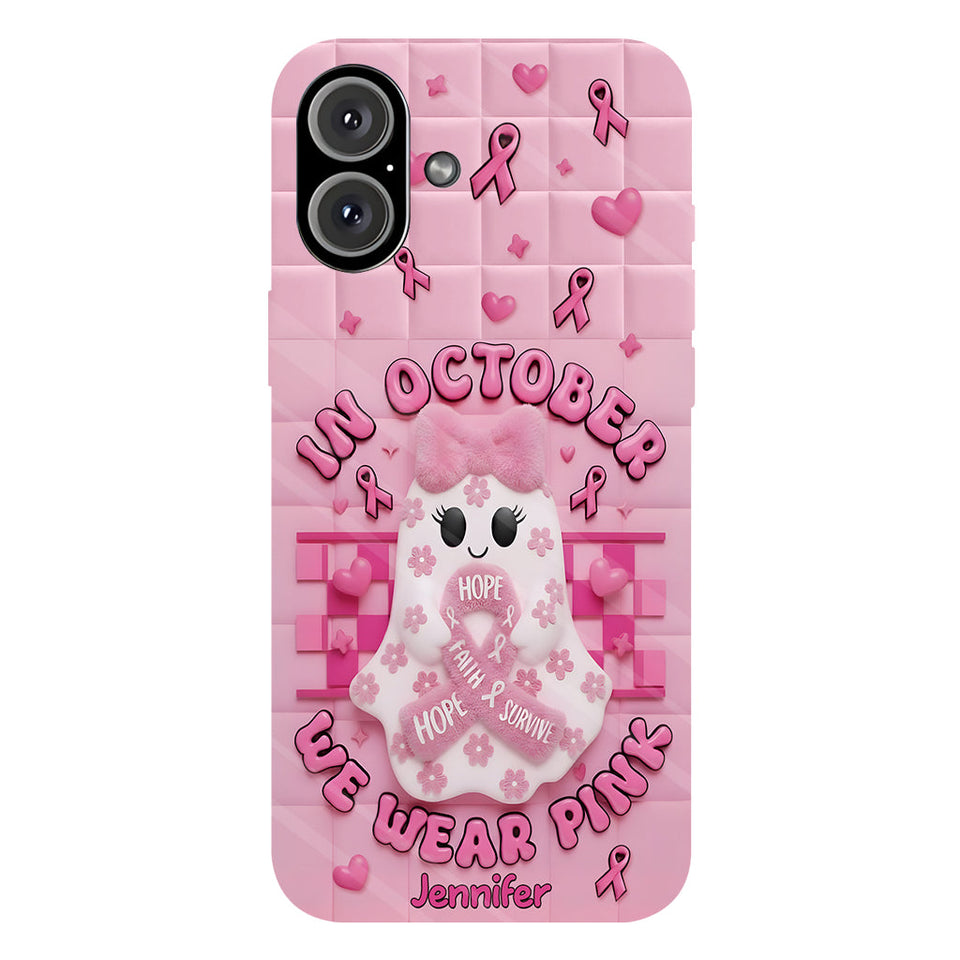 Coque de téléphone personnalisée avec un adorable fantôme et un message de sensibilisation au cancer du sein - Coque de téléphone imprimée intégralement pour la sensibilisation au cancer du sein