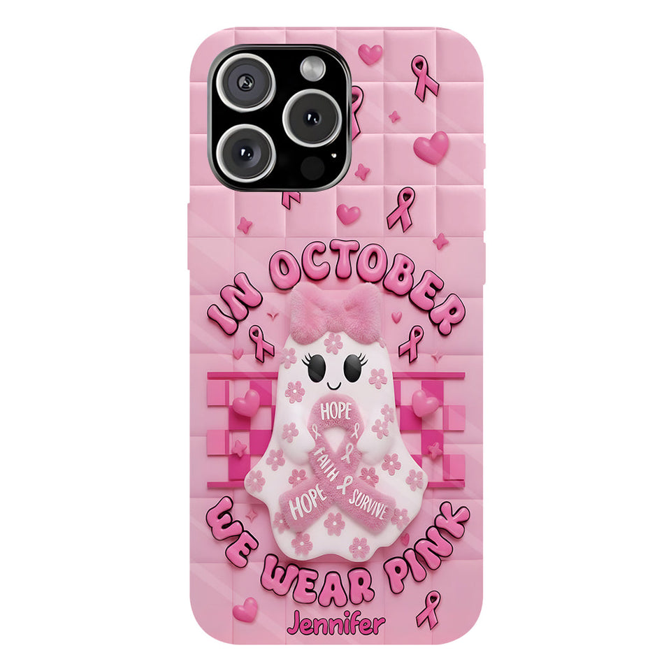 Coque de téléphone personnalisée avec un adorable fantôme et un message de sensibilisation au cancer du sein - Coque de téléphone imprimée intégralement pour la sensibilisation au cancer du sein